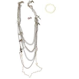 Necklace bracelet and earrings gold pearl layered necklace chain LOT